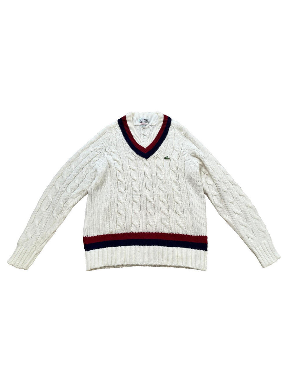 Lacoste Izod Vintage 1980's Men's White V-Neck Sweater Cable Knit Red Navy M